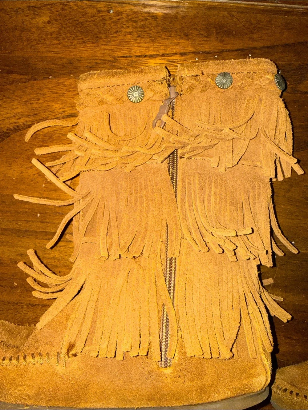 Minnetonka Suede Fringe Moccasin Boots - Rust Tan